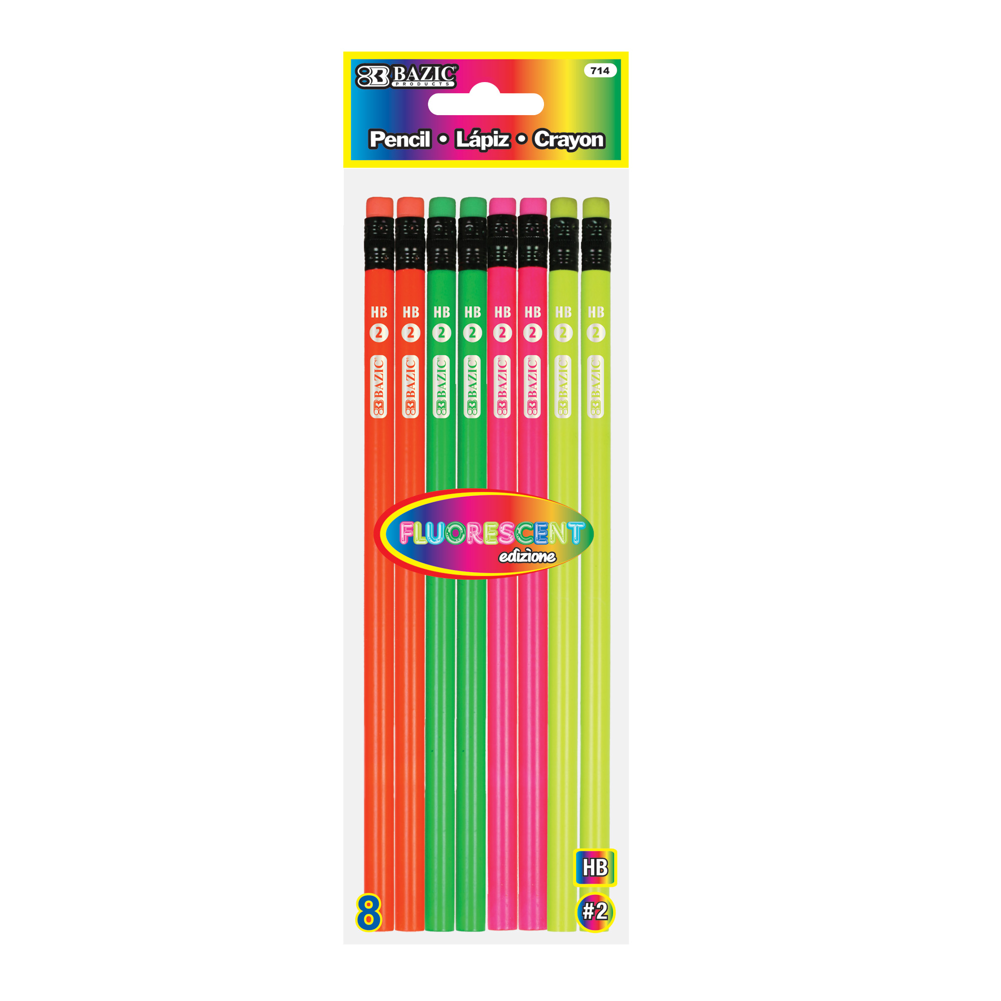 Fluorescent Wood Pencil with Eraser (8/pack)