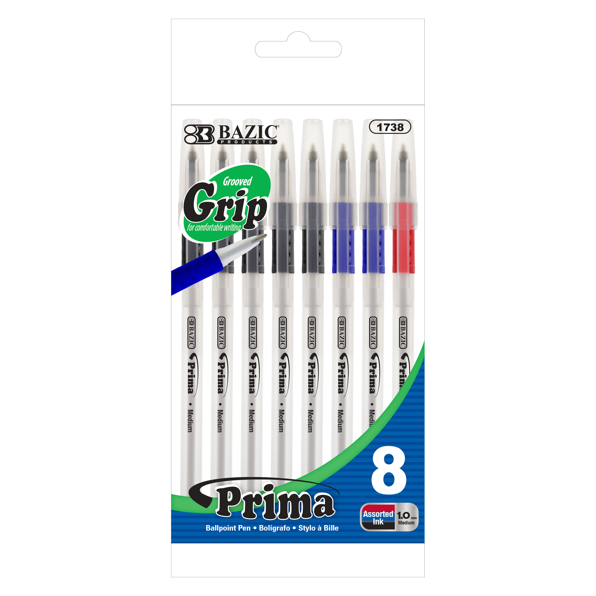 BAZIC COLOR STICK PEN W/CUSHION GRIP (8/PACK)